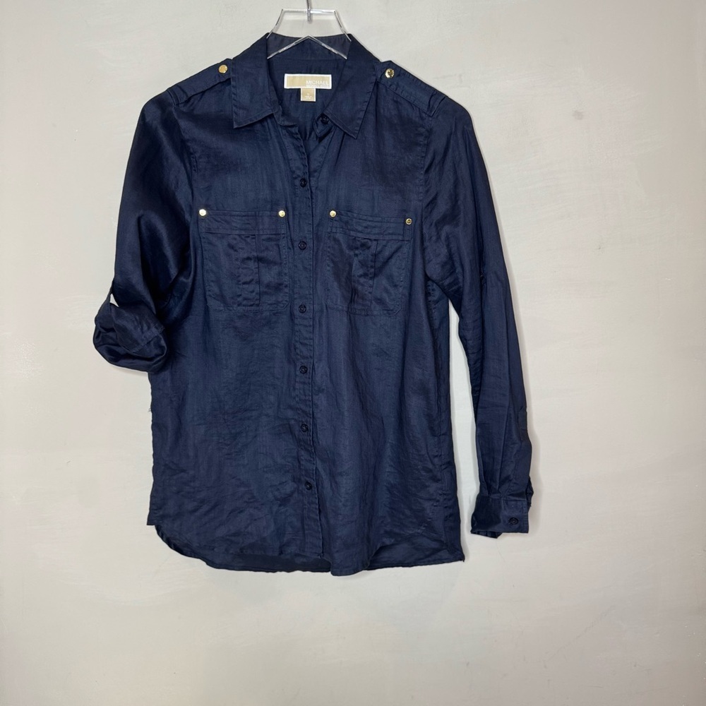 Michael Kors Navy Blue Ramie Button Down Shirt Gold Button Shoulder Size S - Picture 2 of 10